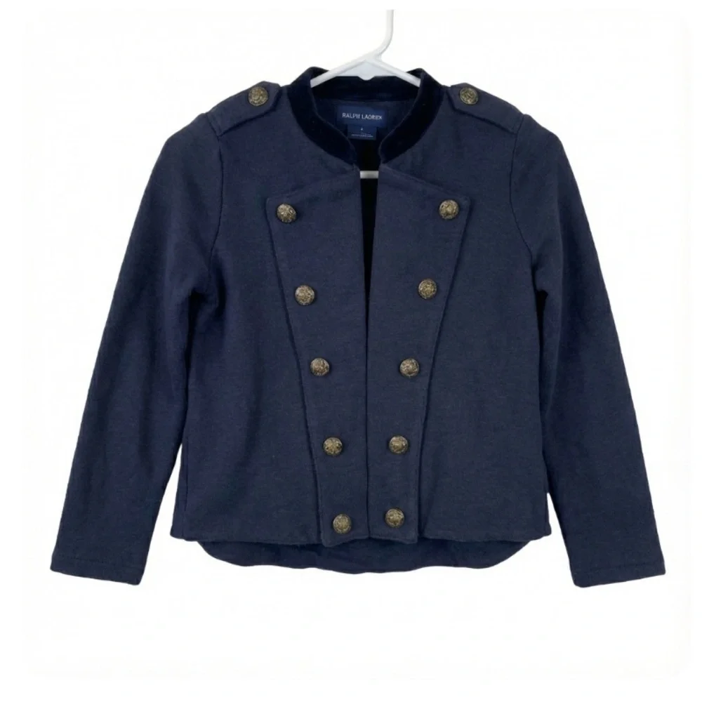 NWT• Ralph Lauren Girls Navy French Terry Military Blazer Gold Buttons 7